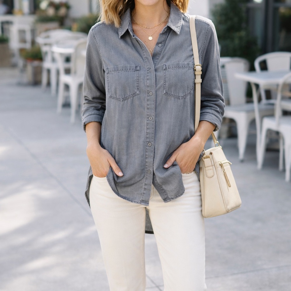 Cloth & Stone Anthropologie Gray Tencel Button Down Hi-Low Shirt S